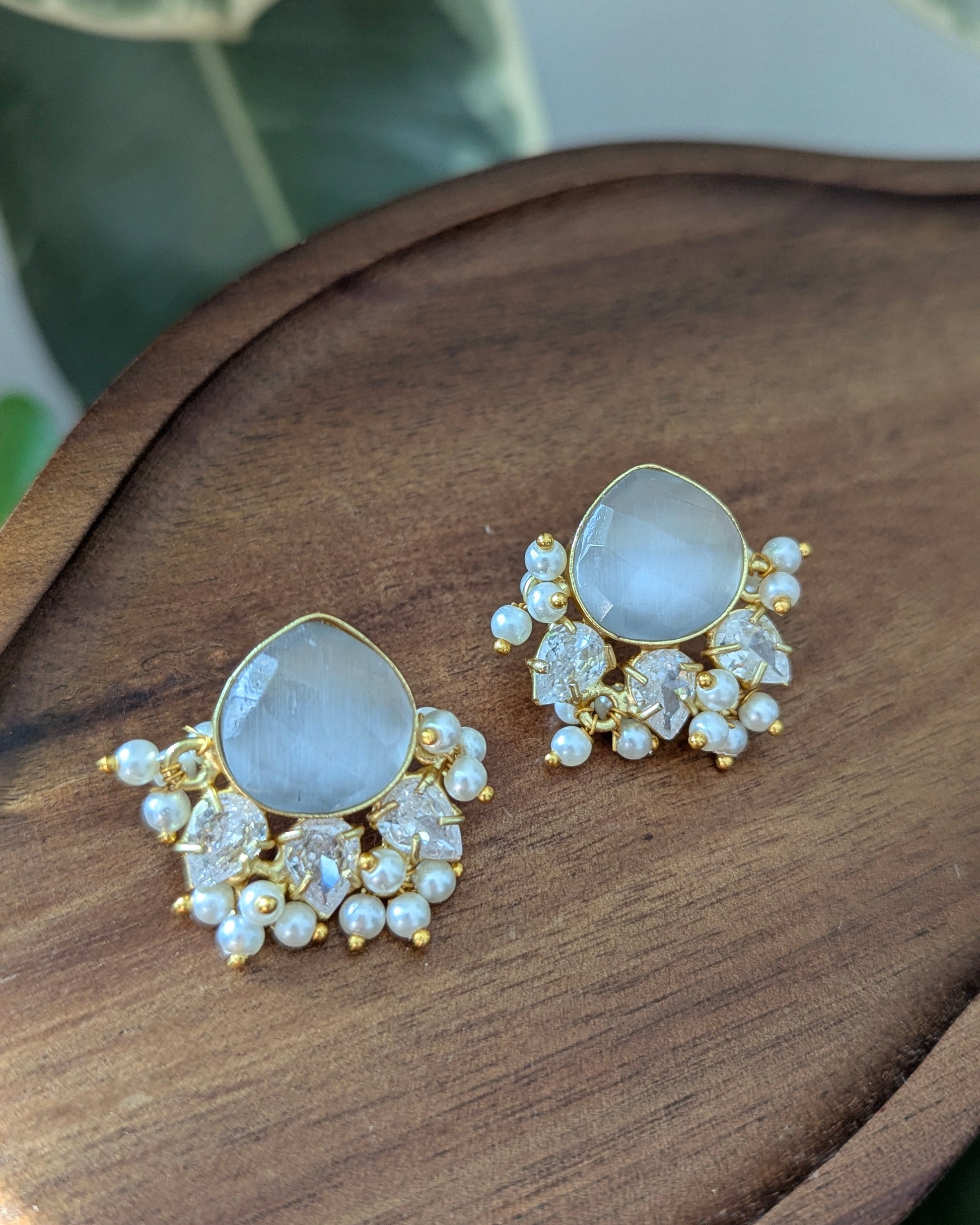 Minimal Grey Smoke Quartz Stud Earrings with Pearls & Swarovski - Item 83