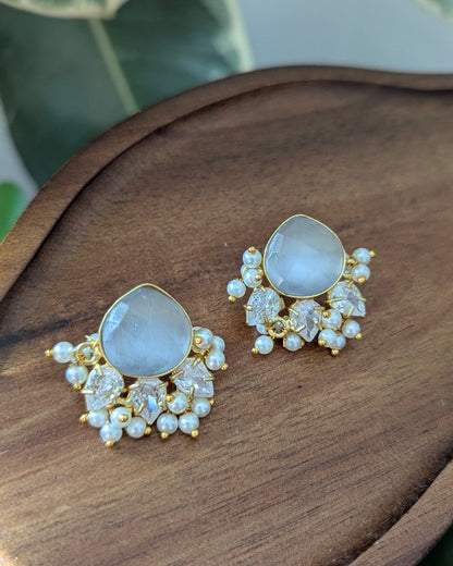 Minimal Grey Smoke Quartz Stud Earrings with Pearls & Swarovski - Item 83