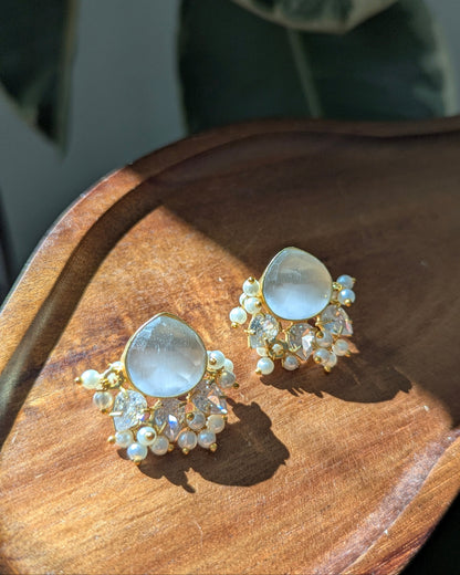 Minimal Grey Smoke Quartz Stud Earrings with Pearls & Swarovski - Item 83