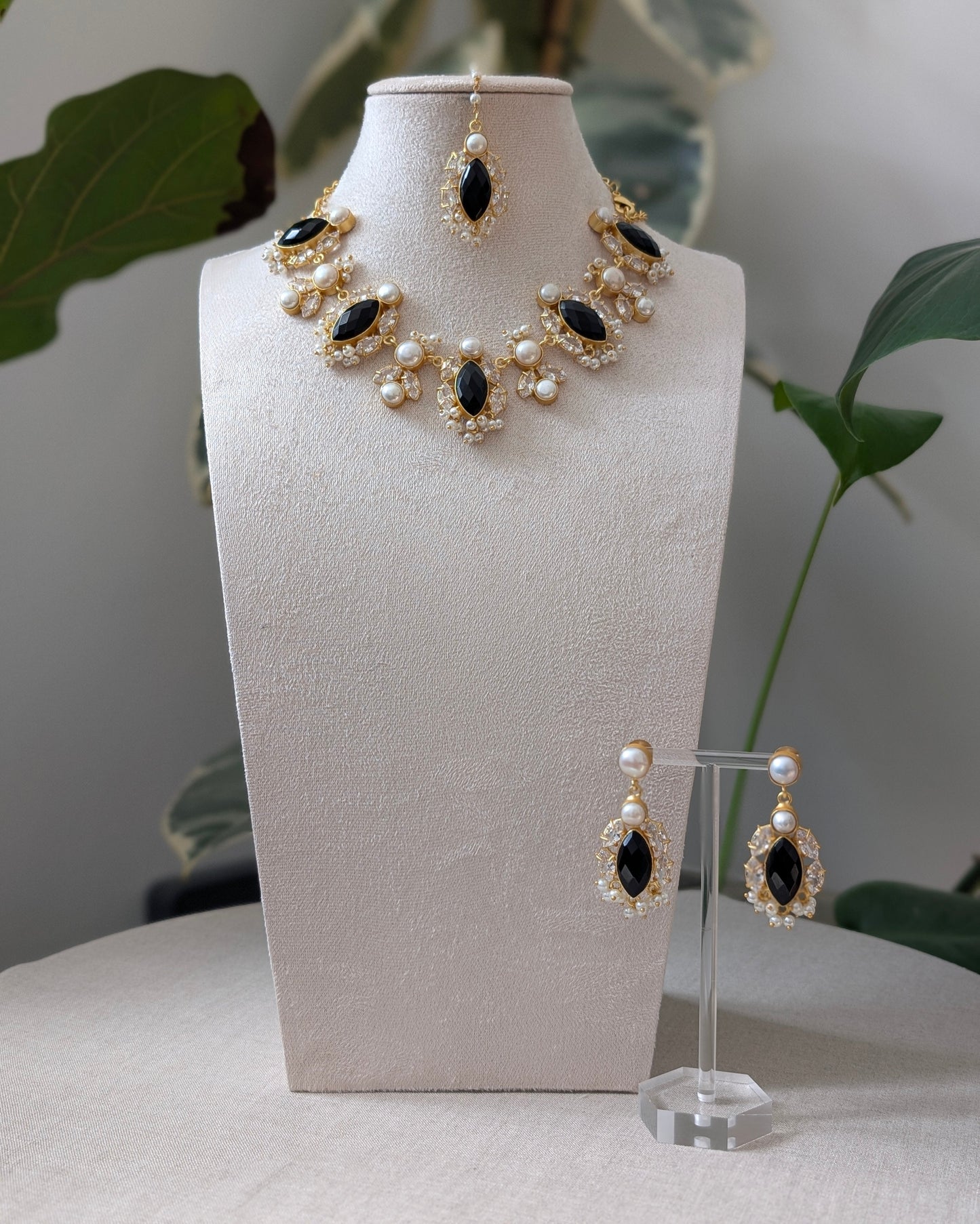 Black Jade Petal Stones with Swarovski and Lustrous Pearls - Item 87