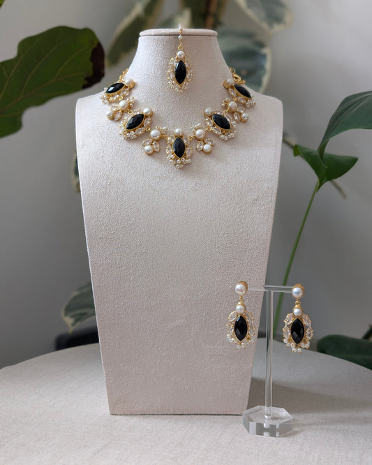 Black Jade Petal Stones with Swarovski and Lustrous Pearls - Item 87