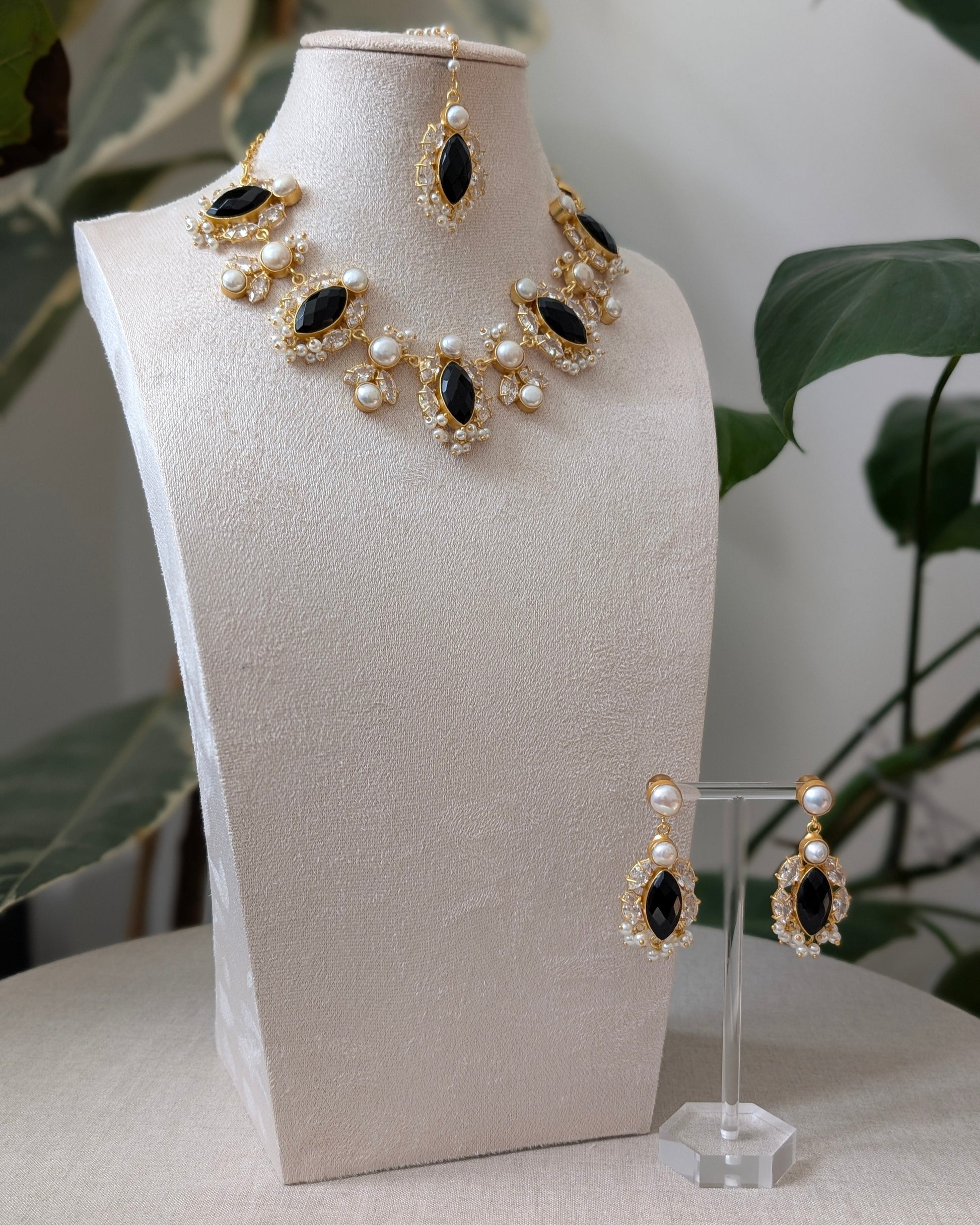 Black Jade Petal Stones with Swarovski and Lustrous Pearls - Item 87