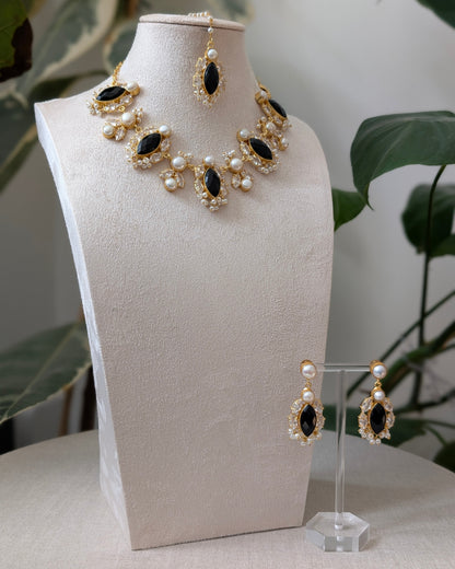 Black Jade Petal Stones with Swarovski and Lustrous Pearls - Item 87