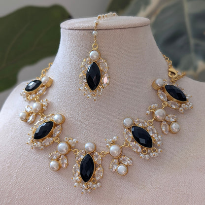 Black Jade Petal Stones with Swarovski and Lustrous Pearls - Item 87