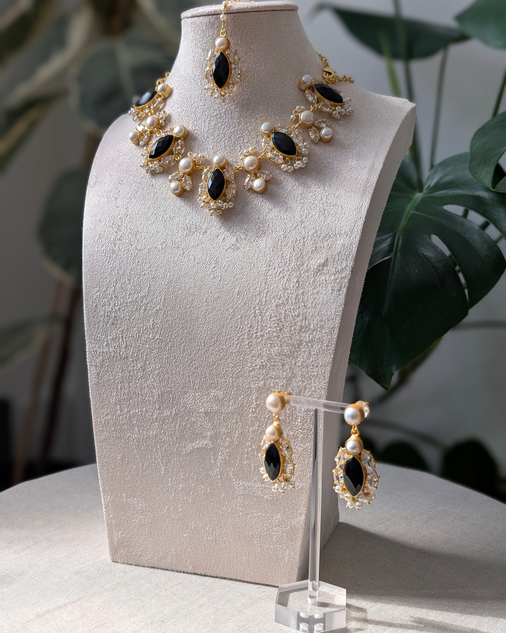 Black Jade Petal Stones with Swarovski and Lustrous Pearls - Item 87