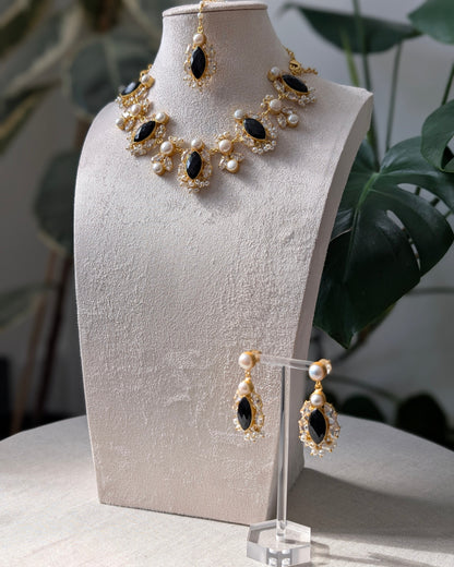 Black Jade Petal Stones with Swarovski and Lustrous Pearls - Item 87