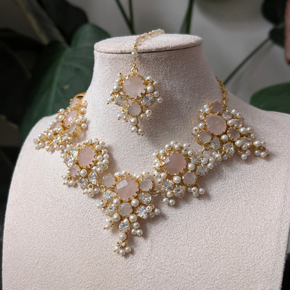 Blush Rose Quartz, Swarovski & Pearl Clusters Bridal Set with Jhumar - Item BR 2