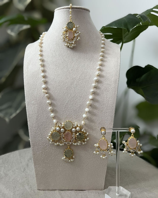 Green Prehnite Stone & Rose Quartz Mala Set & Lace of Freshwater Pearls - Item R