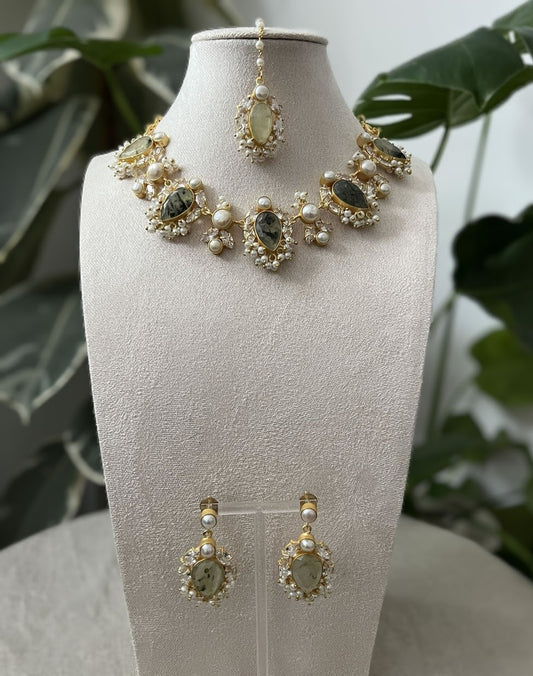 Natural Prehnite Stone, with Swarovski and Lustrous Pearls - Item V