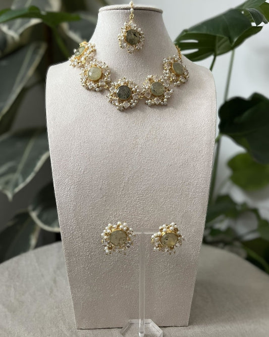 Olive Green Prehnite Stone with Delicate Halo of Pearls and Swarovski - Item X