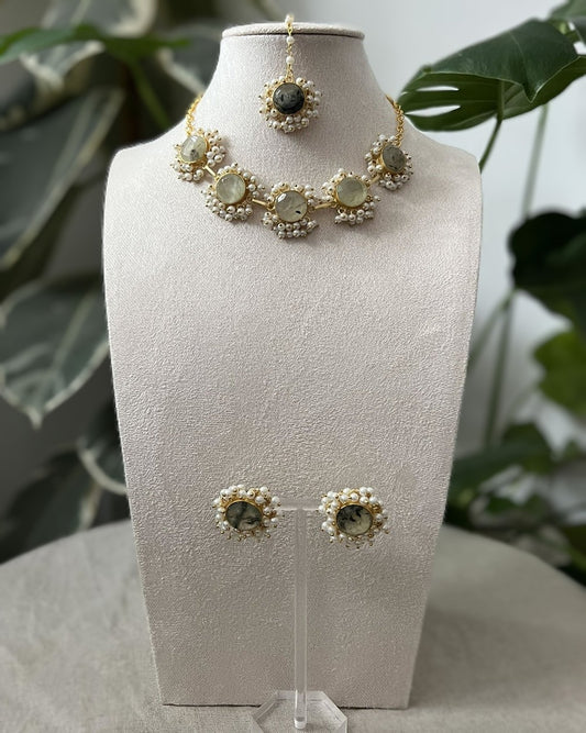 Natural Prehnite Stone surrounded by Clusters of Mini Freshwater Pearls - Item Y