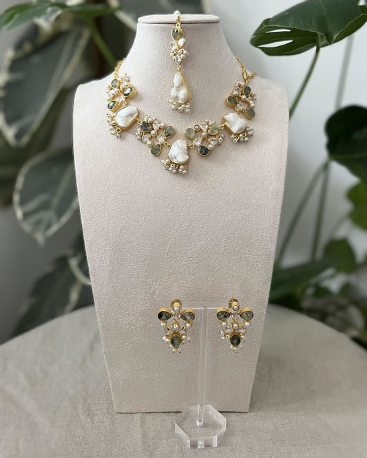 Natural Prehnite Stones, Sparkling Swarovski, and Lustrous Pearls - Item H