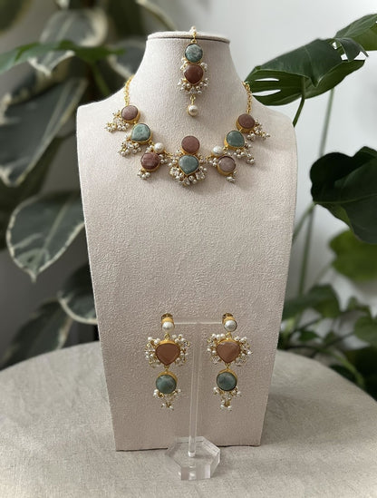 Amazonite and Dark Peach Precious Stone with Swarovski and Pearls - Item J