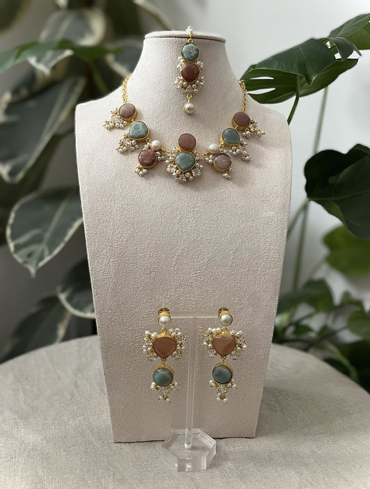 Amazonite and Dark Peach Precious Stone with Swarovski and Pearls - Item J