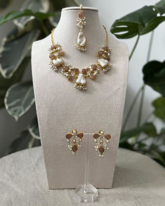 Natural Precious Peach Moonstone with Baroque Pearls and Swarovski - Item O