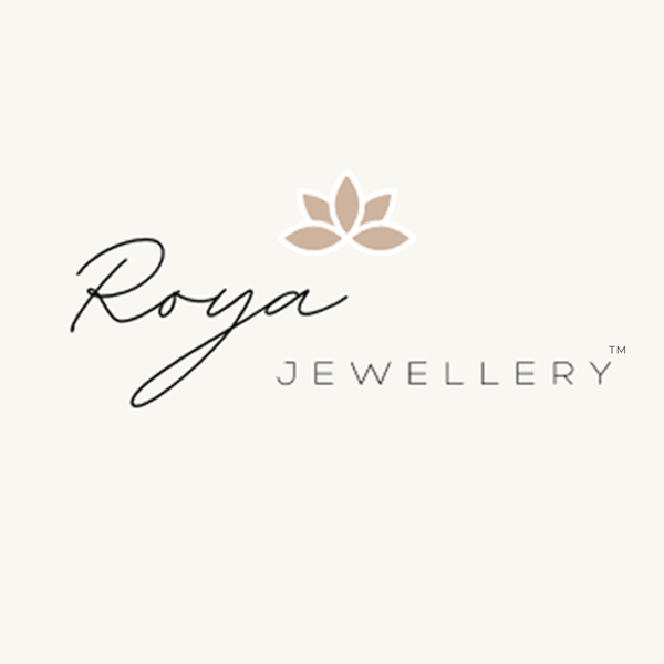 Roya Jewellery logo featuring the word 'Roya' in black script, a small beige lotus flower icon above it, and 'JEWELLERY' in gray sans-serif text on a light cream background.