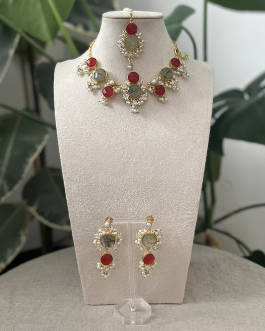 Green Prehnite & Red Stones Surrounded by Pearls and Swarovski - Item W